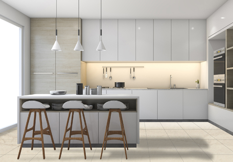 Kitchen, grey cabinets, tile flooring